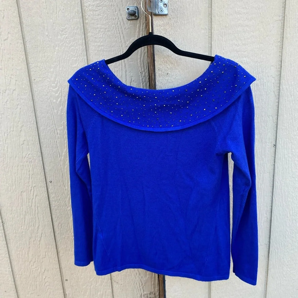 Vila Milano Blue Beaded Off the Shoulder Sweater Size Small - Picture 2 of 5